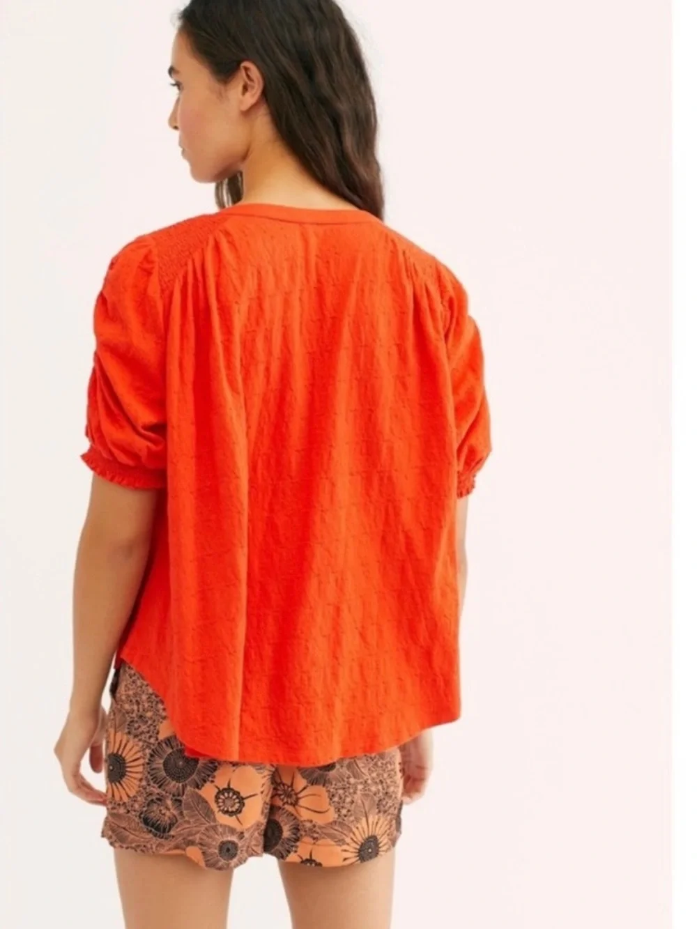 Free People Fever Dream Orange V-Neck Puff Ruched Sleeve Boho Top